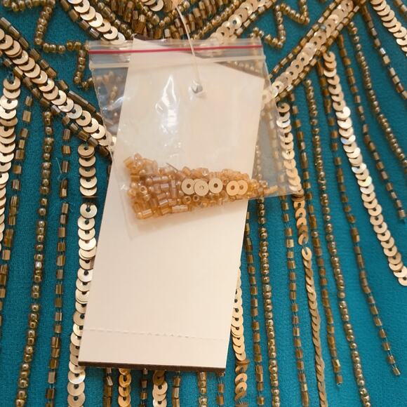 Cache NWT Aqua With Gold Beaded Sequin Chiffon Cocktail Dress Size 10 - Picture 10 of 15